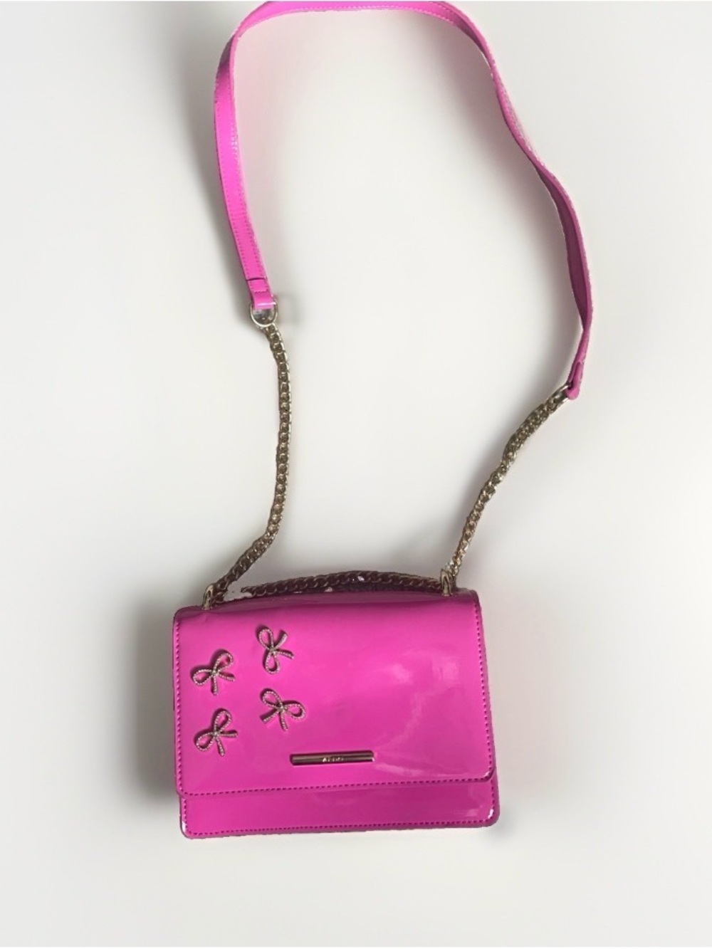 Aldo Hot Pink Patent Crossbody with Gold Chain & Bow Accents